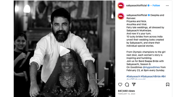 Screenshot of a Sabyasachi post on Instagram. The bride in the frame is Olympic wrestler, Babita Phogat.
