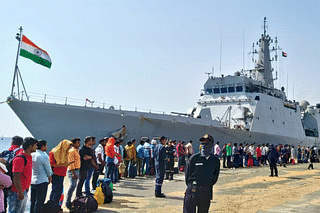 India's INS Sumedha with 278 people onboard departing Port Sudan for Jeddah. (Photo: Arindam Bagchi/Twitter)