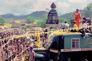 NT Rama Rao addressing a rally from his 'Chaitanya Ratham' (chariot of awakening).