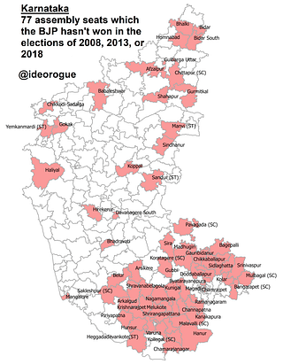 Map - Seats that BJP lost in elections of 2008. 2013 or 2018 (ECI).