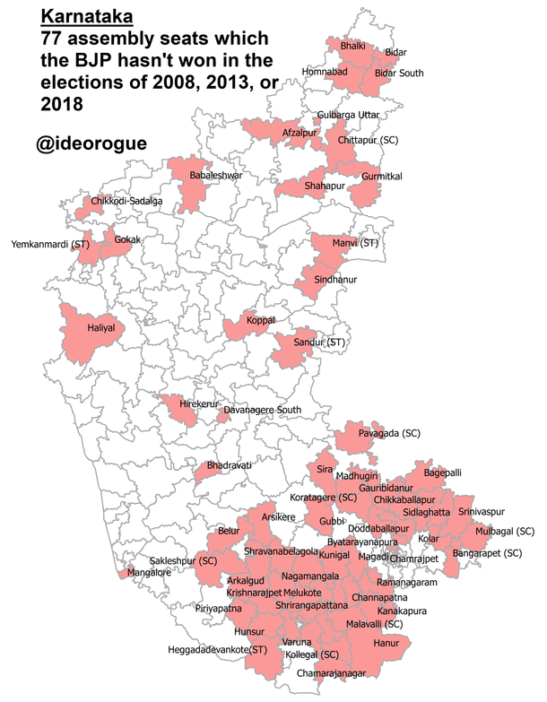 Map - Seats that BJP lost in elections of 2008. 2013 or 2018 (ECI).