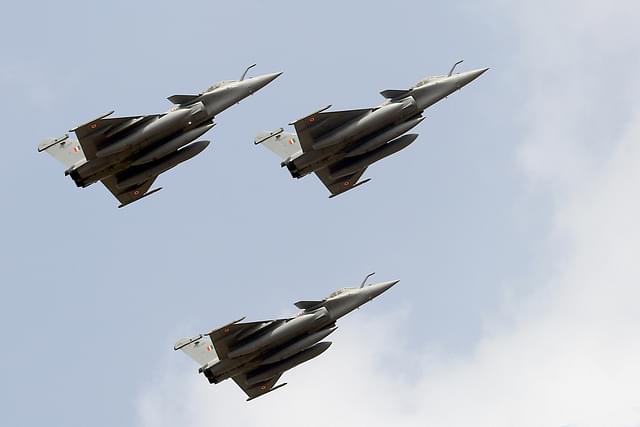 Three IAF Rafales flying in formation. (Via PIB)