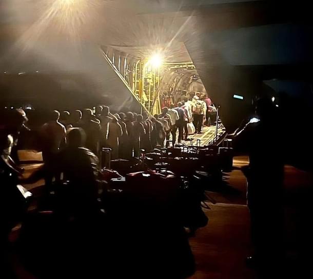 Indian citizens boarding the C-130J 'Super Hercules' aircraft of the IAF.