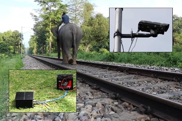 ‘Test run’! As an elephant is led along a railway track, CSIRO-developed seismic sensors (inset left) and thermal imaging sensor (inset right) are calibrated to detect its passing. Photo credit: CSIRO.