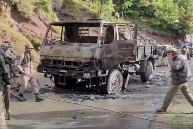 Burned Army truck in the Bhata-Dhurian forest area of Poonch after the JeM terrorist attack. (Via ET)