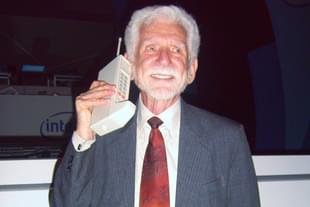 Martin Cooper reprising the world's first mobile phone call,  he made on April 3, 1973. (Photo Credit: Rico Shen, Wikimedia)