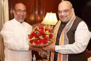 Amit Shah with Manipur Chief Minister N Biren Singh in Delhi last week.