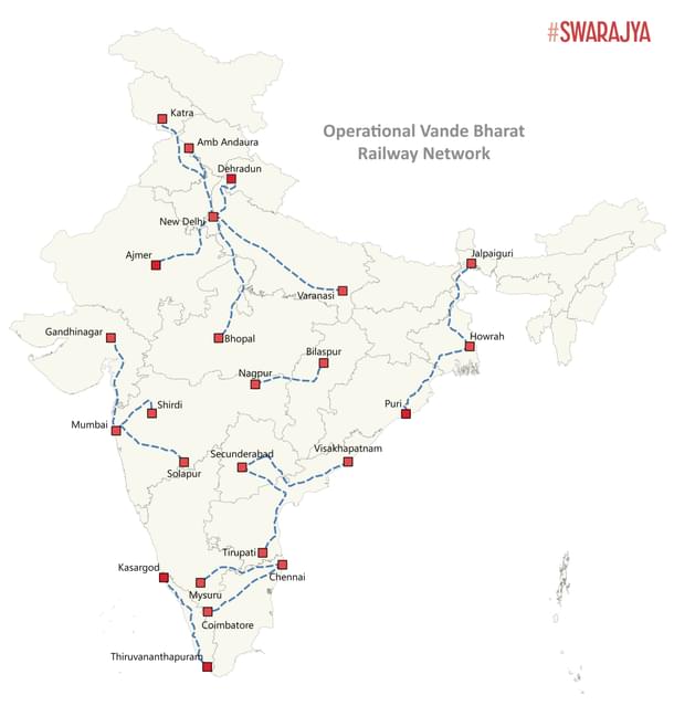 Vande Bharat Route Map of the 17 Operational Lines. (Source: Swarajya)