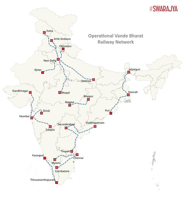 Vande Bharat Route Map of the 17 Operational Lines. (Source: Swarajya)