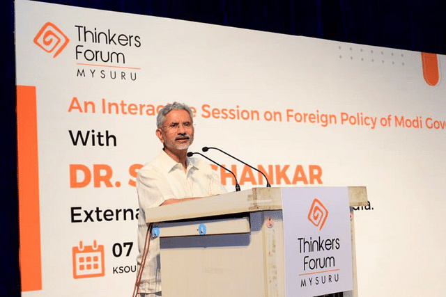 Dr S Jaishankar pictured speaking in Mysuru about the foreign policy of the Modi government