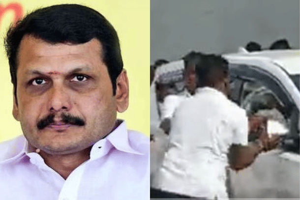 DMK members vandalising car of Income Tax department officials conducting searches at premises of Minister Senthil Balaji (Screengrab)