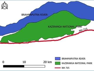 Map showing NH 715 (earlier NH 37) traversing through Kaziranga-Karbi-Anglong Landscape (WII)