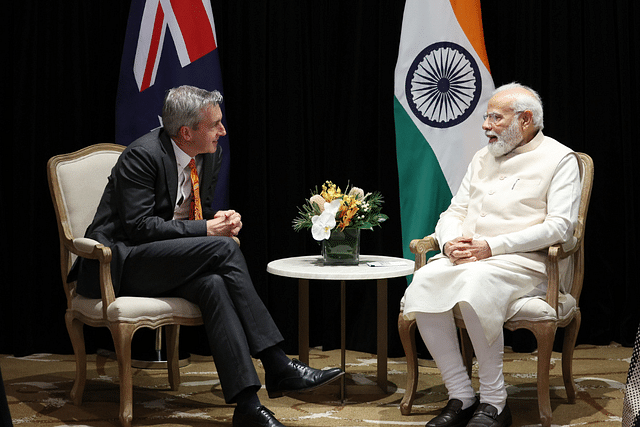Prime Minister Narendra Modi is pictured speaking with AustralianSuper CEO Paul Schroder. PM Modi is on a three-day visit to Australia.