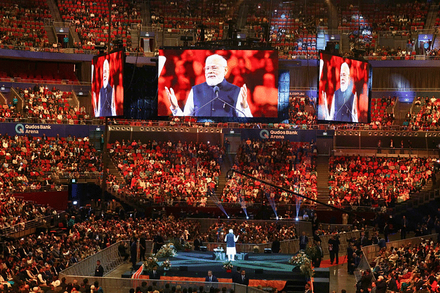 Prime Minister Narendra Modi addressing the Sydney community gathering on 23 May.