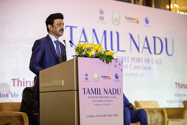 Chief Minister MK Stalin addressing investors in Singapore