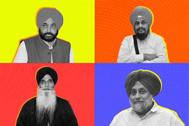 Clockwise from top-left: Punjab CM Bhagwant Mann; Akal Takht Jathedar Giani Harpreet Singh; SAD (Badal) chief Sukhbir Singh Badal; SGPC president Harjinder Singh Dhami.