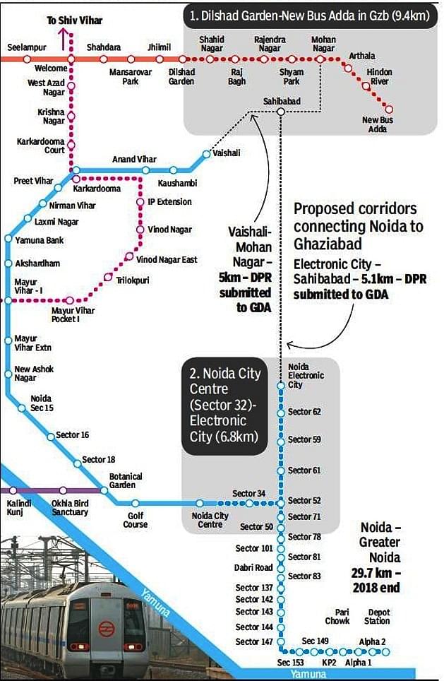 Alignment of the Proposed Corridors (In Black Dotted)
(Source: metrorailnews.in)
