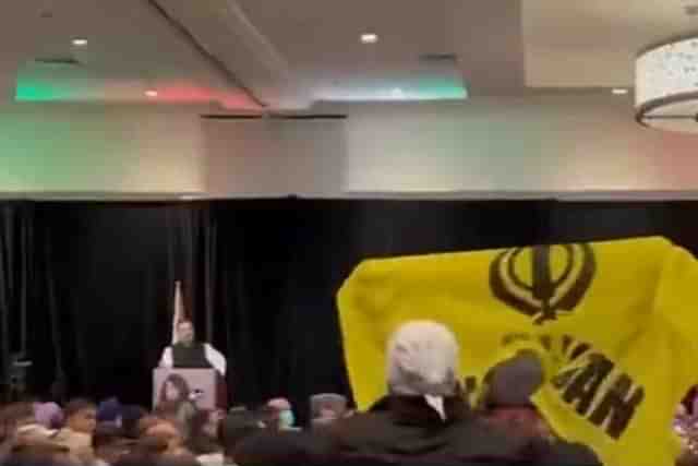 A snapshot of the event as Rahul Gandhi was heckled by Khalistani supporters waving their flags (Picture: Twitter).