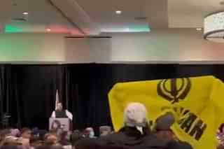 A snapshot of the event as Rahul Gandhi was heckled by Khalistani supporters waving their flags (Picture: Twitter).