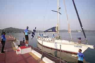INSV Tarini in which Lt Commander Dilna K and Lt Commander Roopa Alagirisamy completed their race 'Cape to Rio Race 2023'. (Picture: PIB)