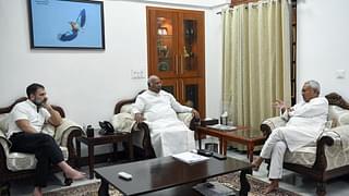 Bihar CM Nitish Kumar, along with Congress President Kharge and Rahul Gandhi at Kharge's residence in New Delhi.
