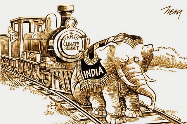 A New York Times cartoon depicting India as an obstacle - an elephant on the tracks - during the climate talks. (Twitter)

