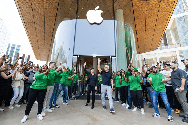 Pictured is Apple chief Tim Cook after opening the iPhone maker's Apple BKC — their first store in India.