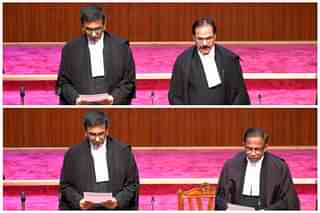 Chief Justice D Y Chandrachud (on the left, top and bottom) along with two new SC judges Prashant Kumar Mishra (top right) and K V Viswanathan (bottom right) (Photos: ANI/Twitter)
