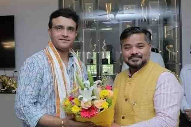 Tripura Tourism Minister Sushanta Chowdhury with Sourav Ganguly in Kolkata on Tuesday.