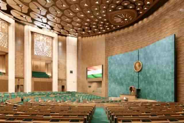 An inside look of the Lok Sabha floor in the New Parliament Building. (Photo: https://centralvista.gov.in/)