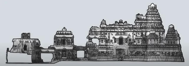 The gateway, the Nandi shrine, and the main temple complex (side view)