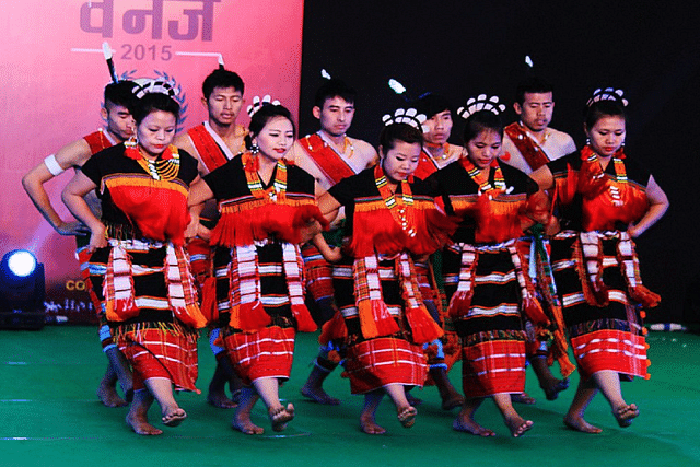 Rongmei Naga dancers performing a dance at the Central Park, Rajiv Chowk, New Delhi during the Rashtriya Janajati Utsav, 2015.