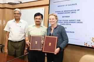 Railway Board chairman A K Lahoti, member Navin Gulati and USAID deputy administrator Isabel Coleman at the MoU signing event.
