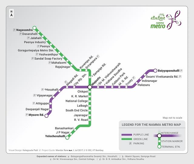 Namma Metro's Purple line and Green line route map.