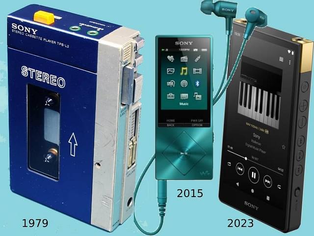The evolution of the Walkman from cassette to digital.