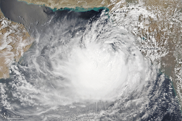 Cyclone Biparjoy, as captured by National Oceanic and Atmospheric Administration, has neared the coastline of western India. (Image: NASA Earth/Twitter)
