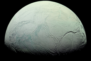 Saturn's moon Enceladus in infrared, green, and ultraviolet light, from October 2008. (Image: NASA/JPL/Space Science Institute, Processed by Kevin M Gill)