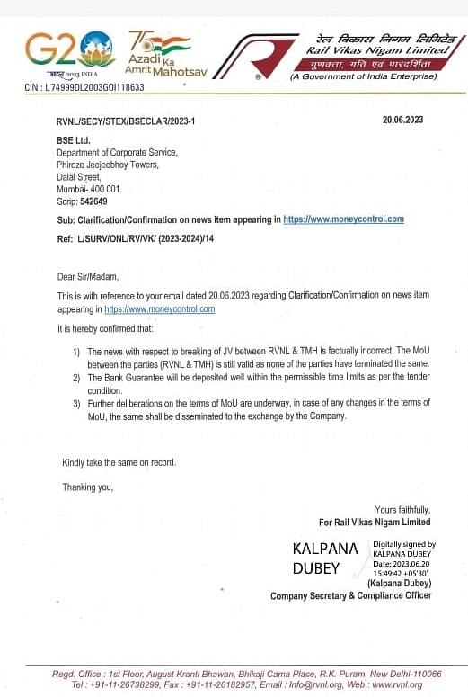 Copy of the letter by RVNL to Bombay Stock Exchange.
