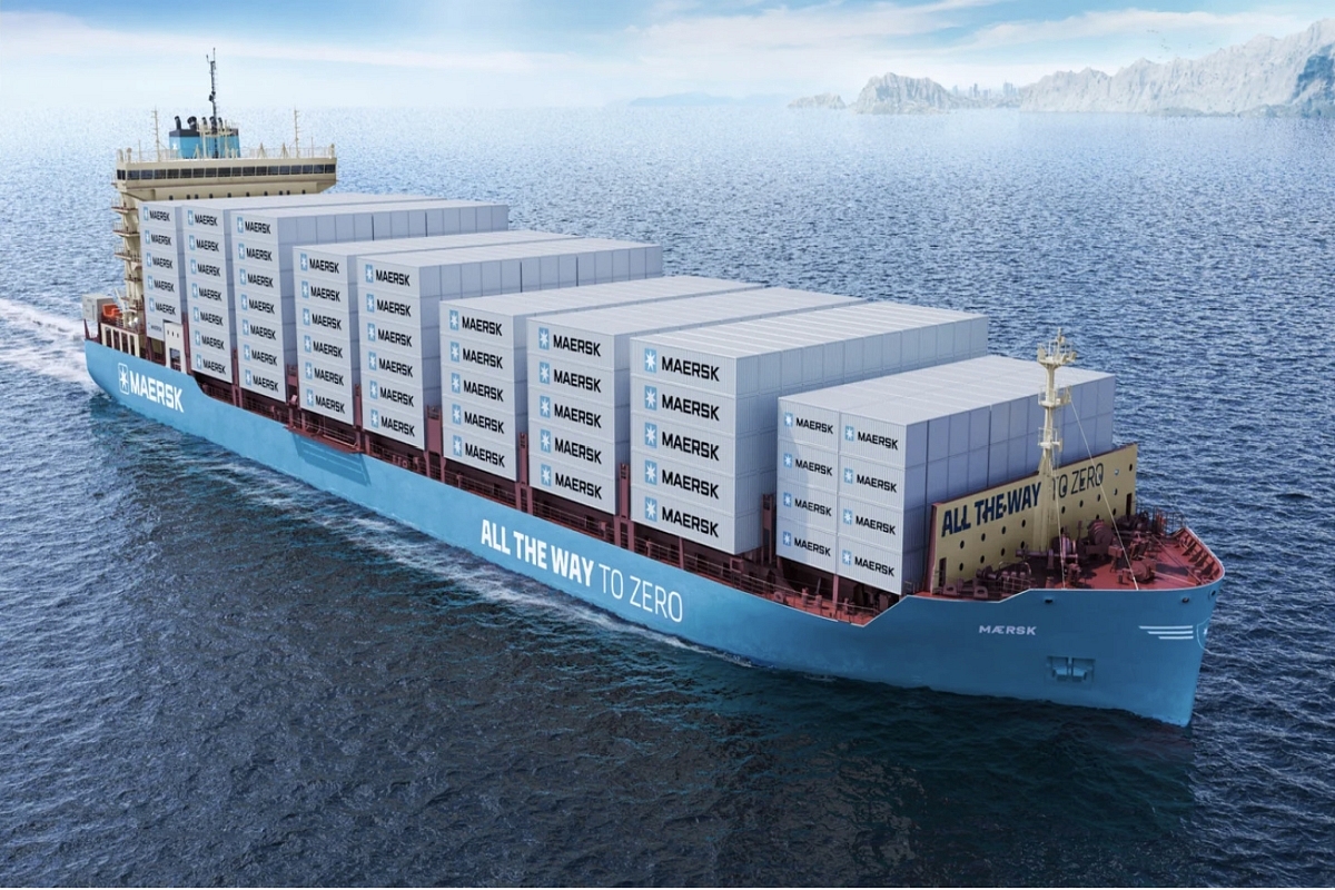 Maersk’s methanol-enabled container vessel is the first in a fleet of the ship as part of the company’s efforts to have a diverse green fuel mix. (AP Moller-Maersk)