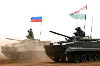 Indian and Russian tanks participating in a military exercise.
