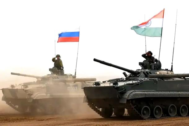 Indian and Russian tanks participating in a military exercise.