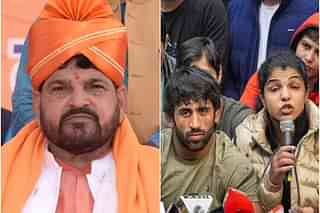 Left: BJP MP and ex-WFI President Brij Bhushan Sharan Singh;
Right: Protesting Wrestlers Bajrang Punia and Sakshi Malik (Image: PTI)