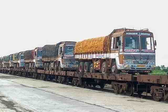 Indian Railways' Roll-On-Roll-Off service carrying trucks. (@rajtoday/Twitter)