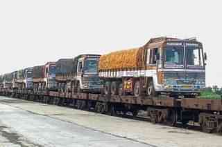 Indian Railways' Roll-On-Roll-Off service carrying trucks. (@rajtoday/Twitter)