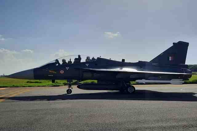 Side view of Tejas Mk-1A series production trainer aircraft. (Image via X/@livefist)