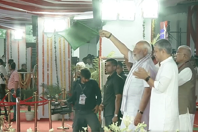 Prime Minister Narendra Modi flagging off the new Vande Bharat trains at Bhopal. (Screengrab from live telecast.)