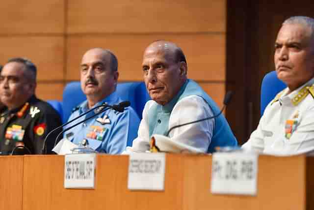 Defence Minister Rajnath Singh with the chiefs of the Army, Navy and Air Force.

