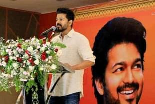 Actor Vijay Thalapathy addressing toppers at the event.