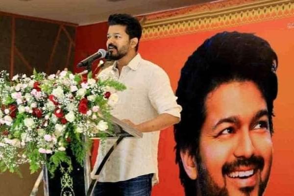 Actor Vijay Thalapathy addressing toppers at the event.