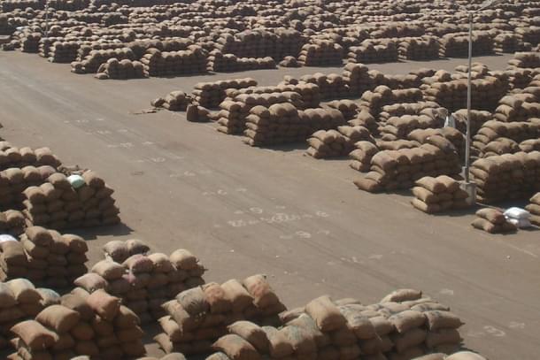 Foodgrains stored at a market yard.